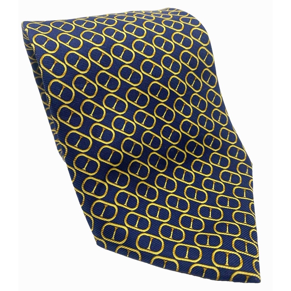 Brooks Brothers Makers 100% Silk Necktie Navy Blue gold equestrian horse bits
